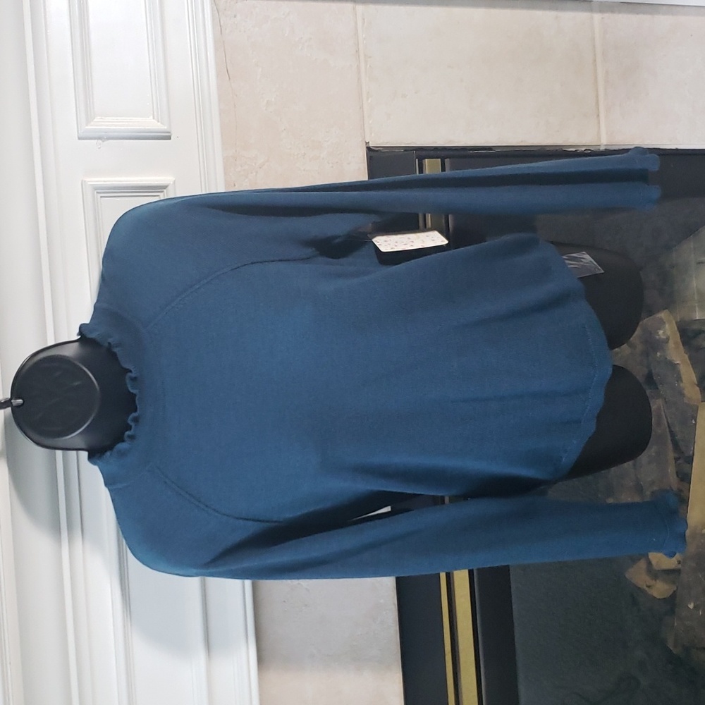 Free People dark teal ruffle mock neck wool sweater. Size M.